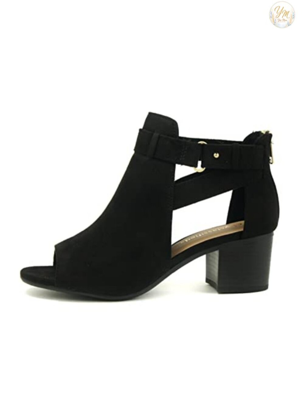 Ankle Bootie Faux Suede Cutout Side Strap Chunky Block Heel